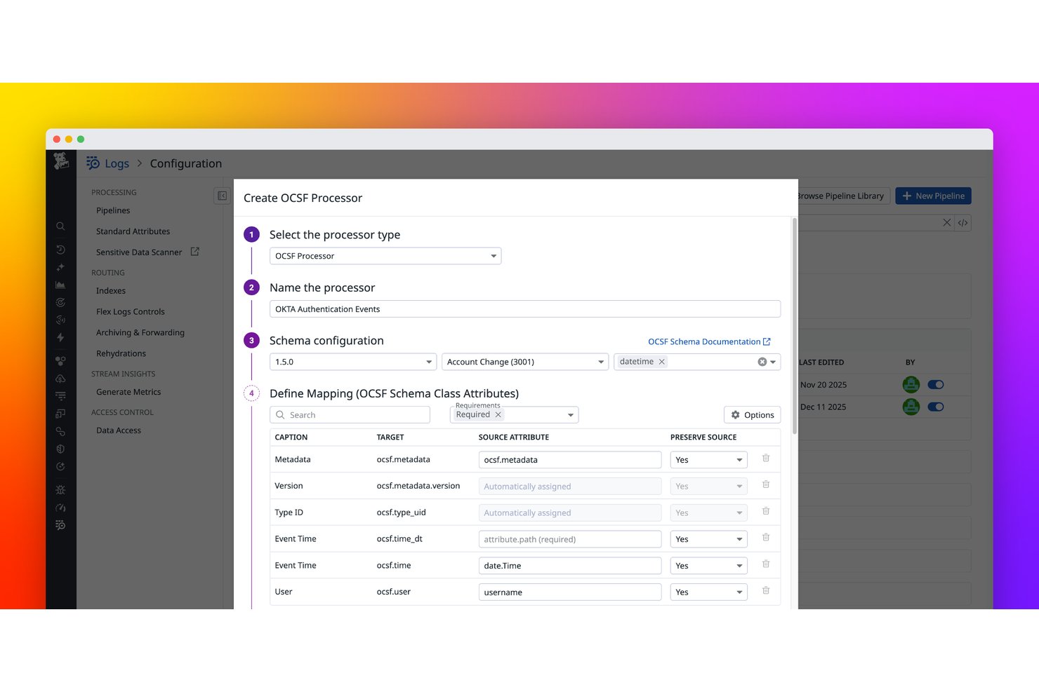 Log data ingestion and normalization maps raw log fields to OCSF schema attributes. Create OCSF Processor dialog showing schema configuration and field mapping form.