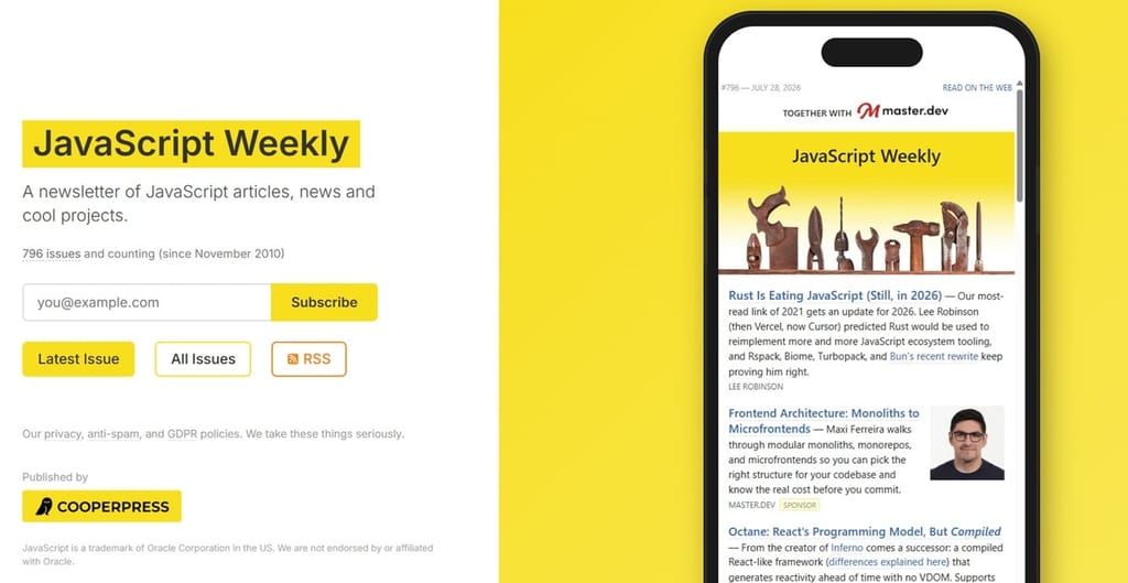 Abonnementsiden for nyhetsbrevet JavaScript Weekly