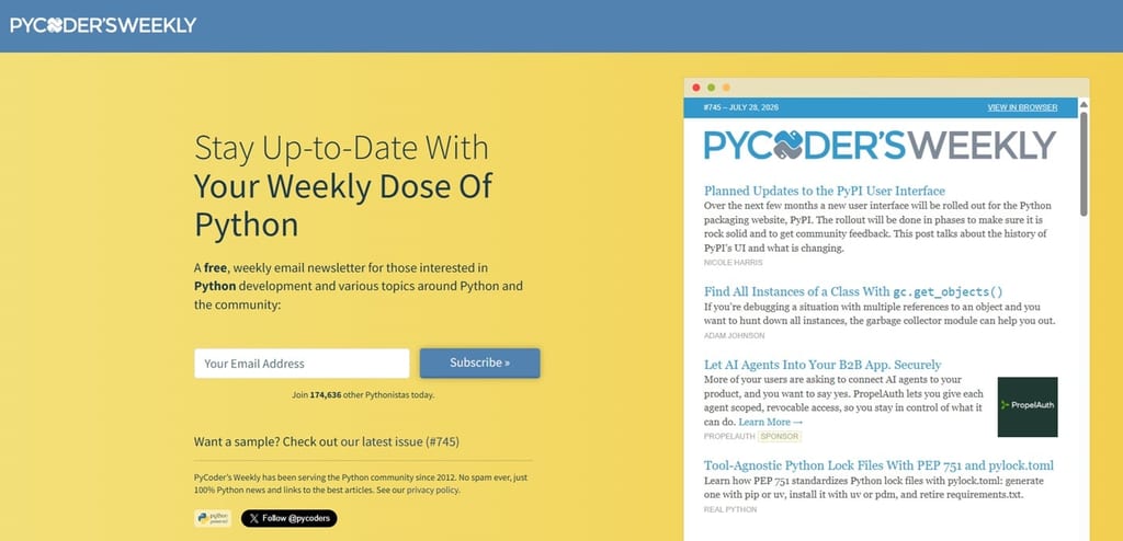 Påmeldingssiden for PyCoder's Weekly med eksempel på nyhetsbrev