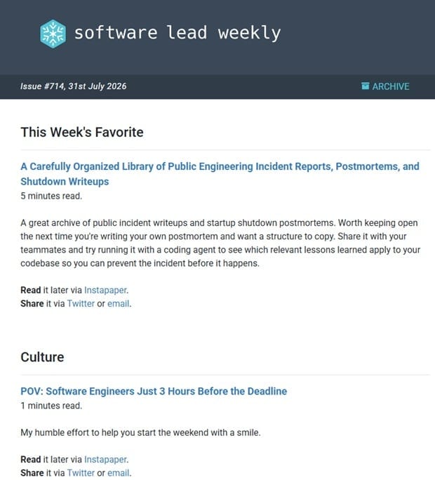 Eksempel på nyhetsbrev fra Software Lead Weekly