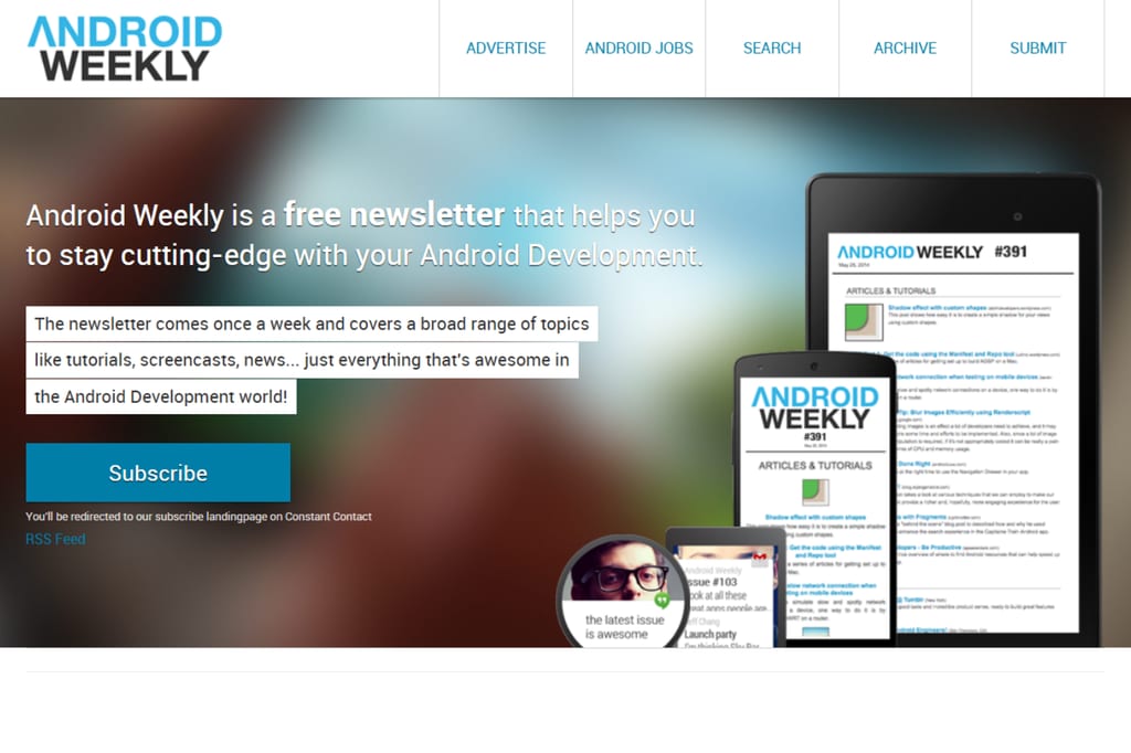 Android Weekly-startside med tilmelding til nyhedsbrev og forhåndsvisning af Android-udvikling