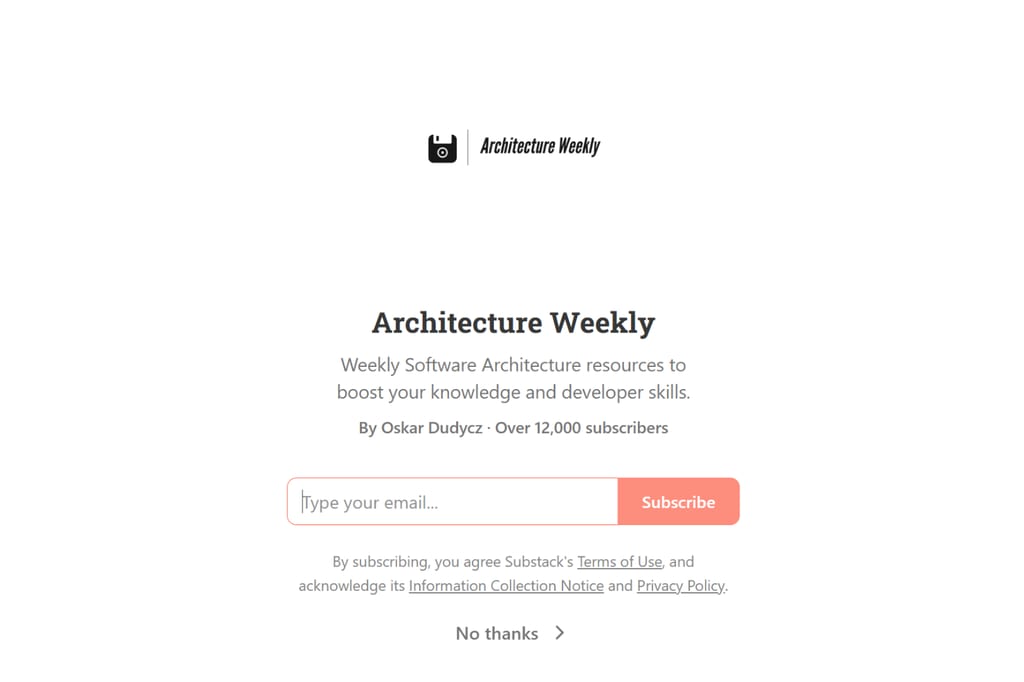 Arkitektur Weekly-nyhedsbrevets tilmeldingsside med formular til e-mailtilmelding