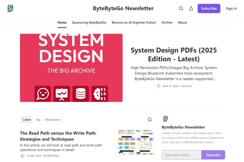 ByteByteGo-nyhedsbrevets hjemmeside med artikler om systemdesign og ressourcer om arkitektur