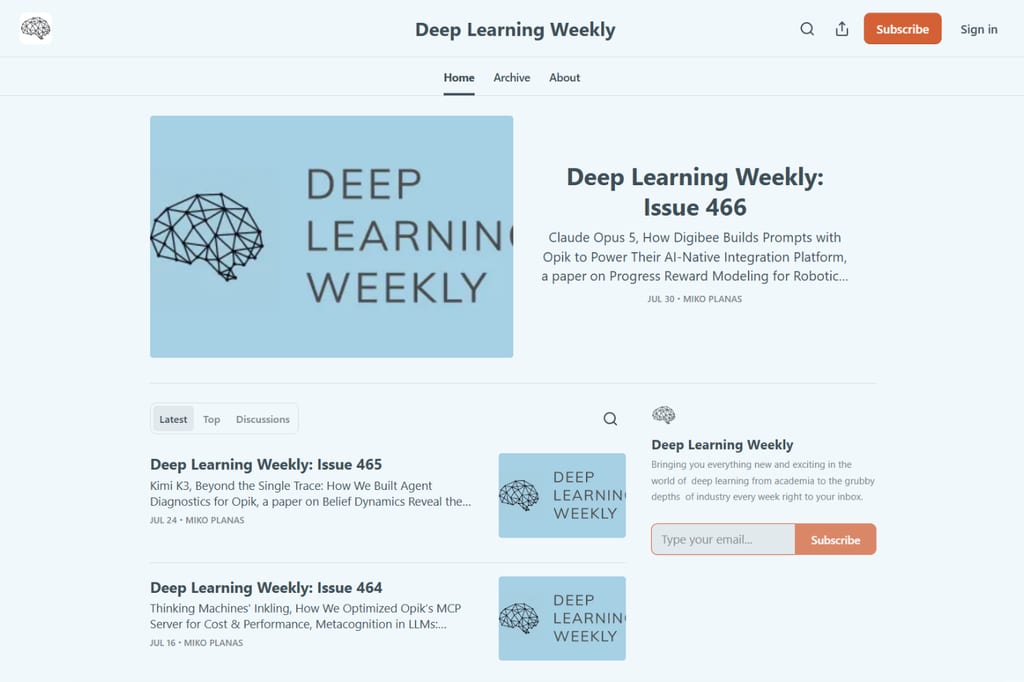 Startsiden for nyhedsbrevet Deep Learning Weekly med udvalgte numre og tilmeldingsformular