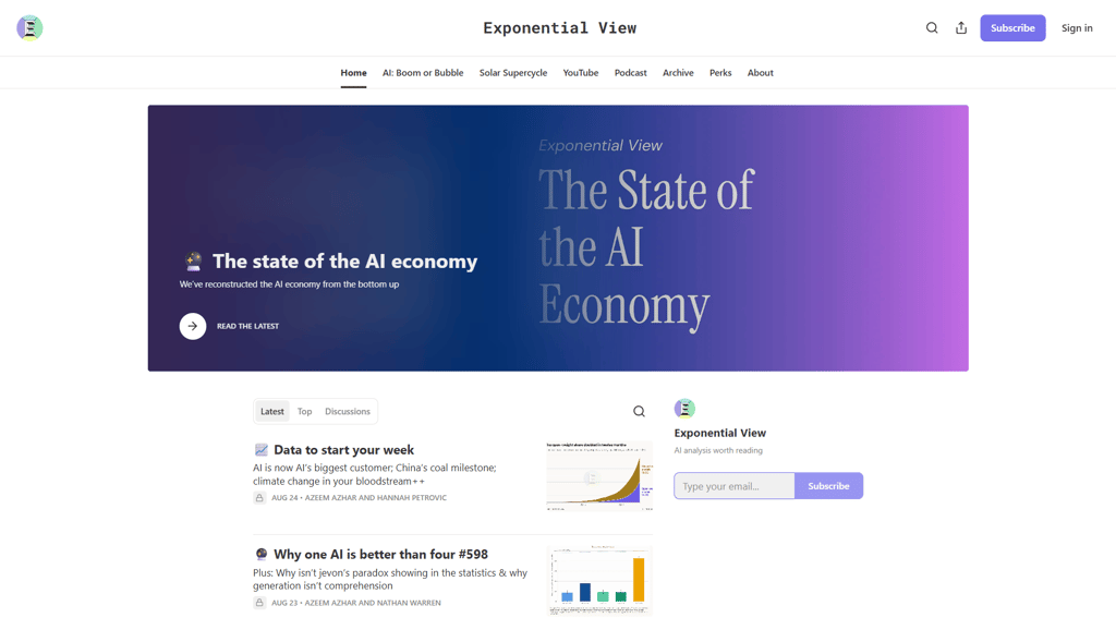 Exponential View-hjemmeside med analyse av AI-økonomien og teknologiske endringer