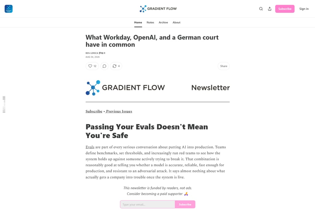 Gradient Flow-nyhedsbrevsside med en artikel om AI-udvikling og tilmelding via e-mail