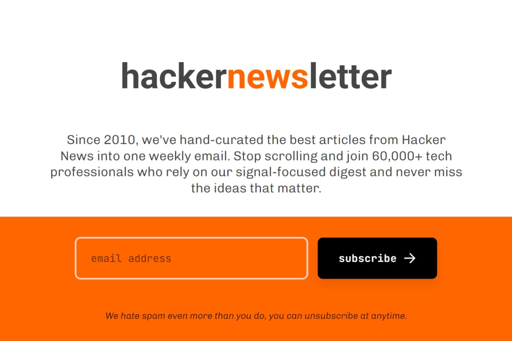 Hacker Newsletter-tilmeldingsside med formular til e-mailabonnement