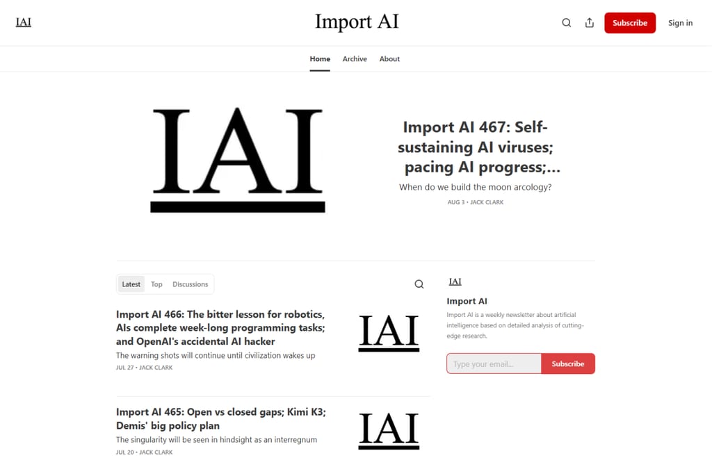 Import AI-nyhedsbrevets hjemmeside med fremhævede AI-forskningsartikler og abonnementsboks