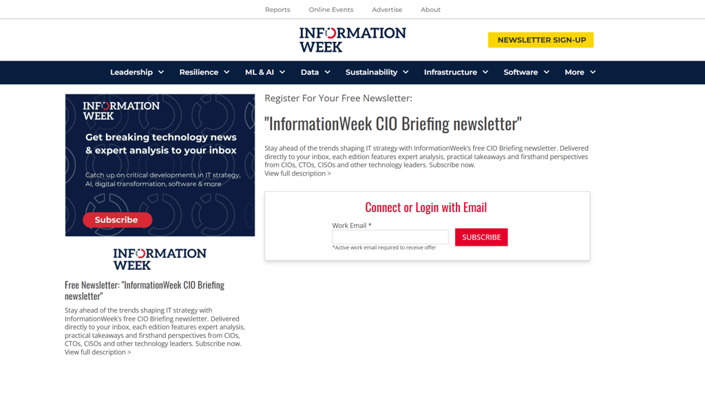 Påmeldingsside for InformationWeeks CIO-orientering med analyser for teknologiledere
