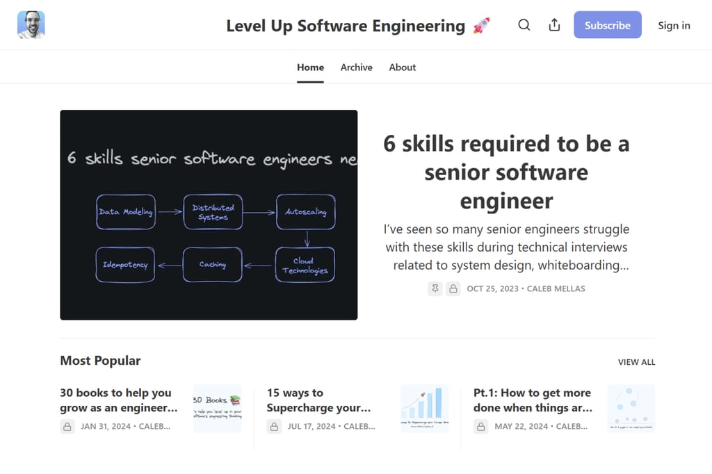 Hjemmeside for Niveau op i softwareudvikling med artikler om færdigheder for erfarne softwareudviklere