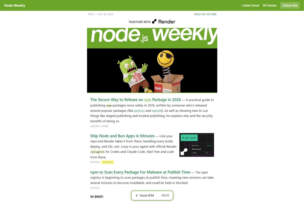 Node Weekly-nyhedsbrev med de seneste Node.js-artikler