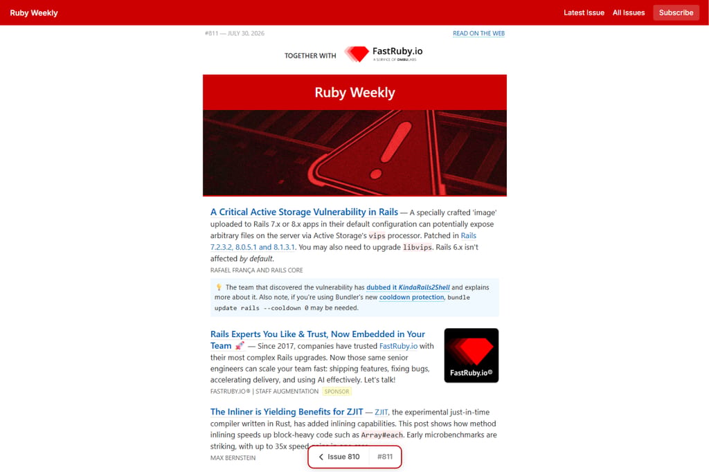 Ruby Weekly-nummer med nyheder om Ruby og Rails