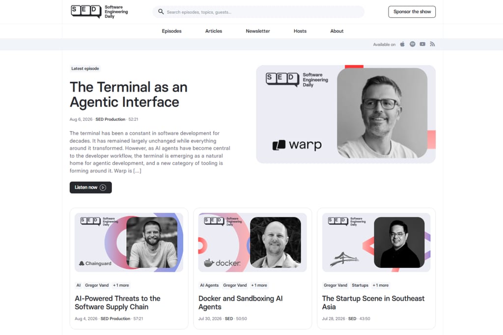 SED's startside med podcastepisoder og navigation til nyhedsbrevet