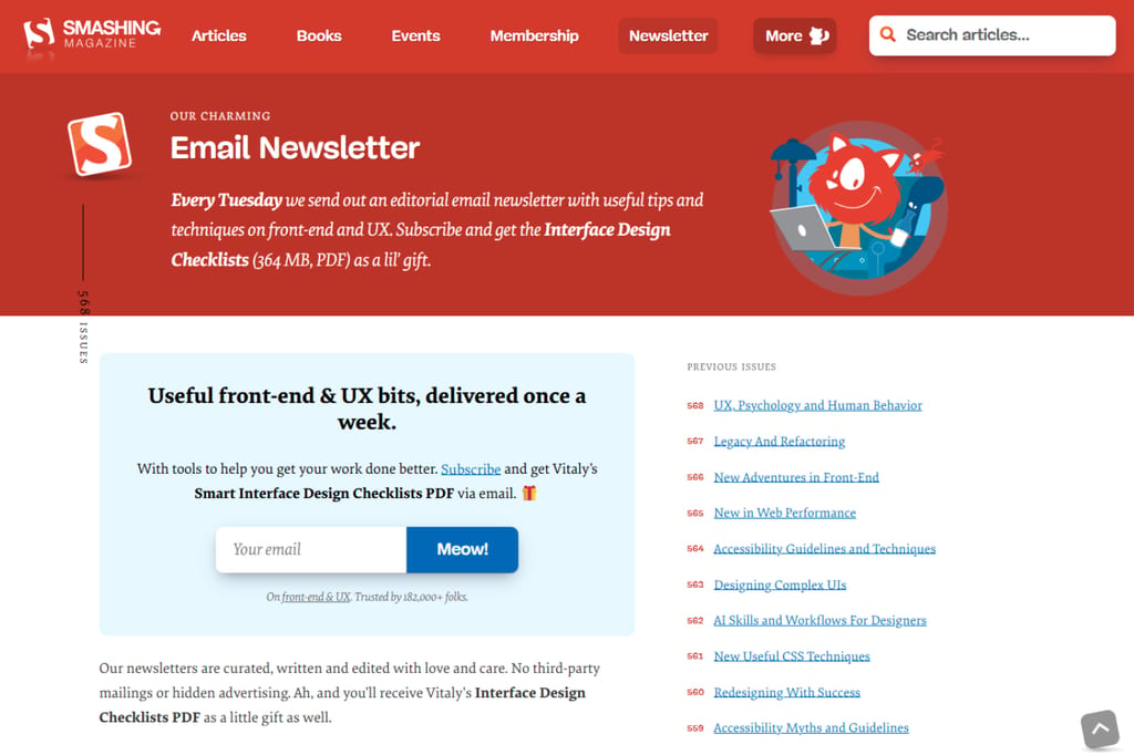 Smashing-e-mailnyhedsbrevets side med tilmeldingsformular og tidligere numre