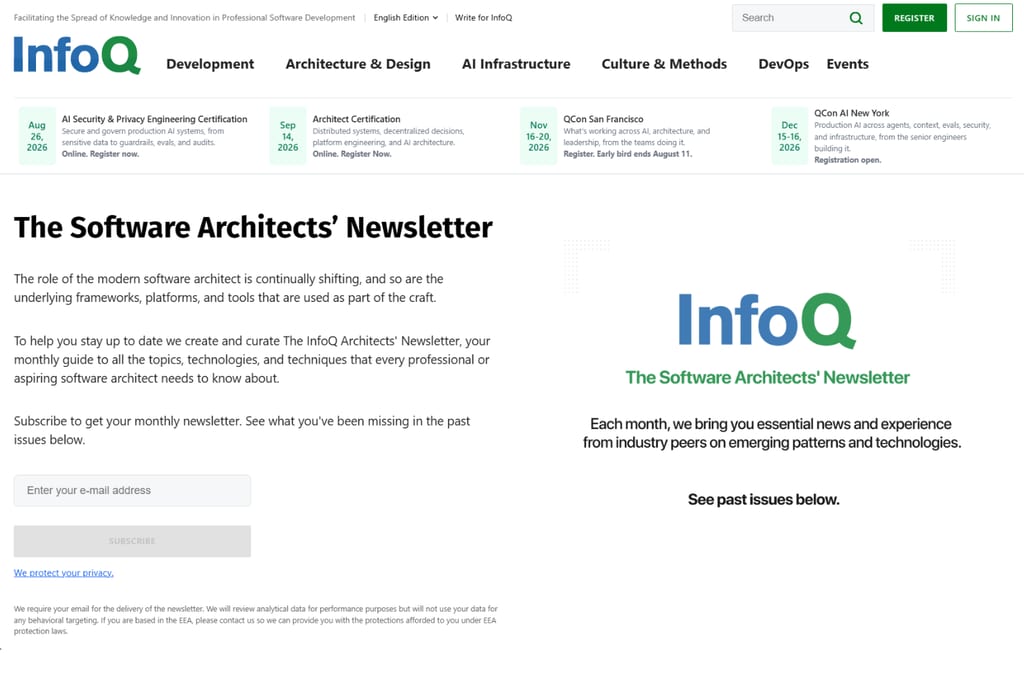 Softwarearkitekternes nyhedsbrev med tilmeldingsside, abonnementsformular og InfoQ-branding