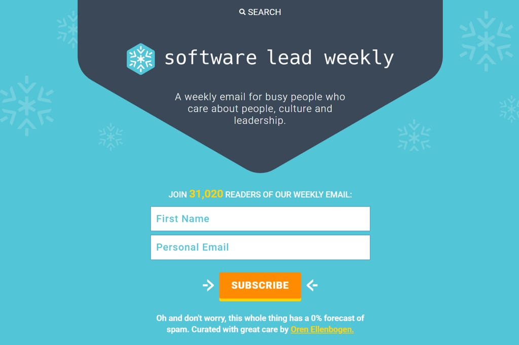 Tilmeldingsside for Software Lead Weekly med abonnementsformular til nyhedsbrev for tekniske ledere