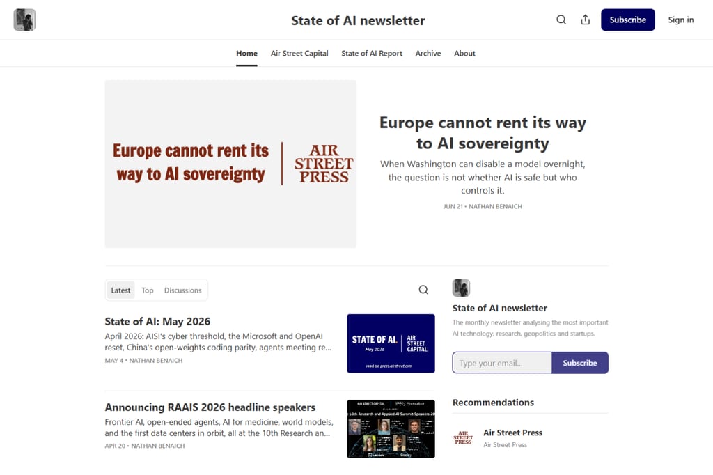 Hjemmesiden for State of AI Newsletter med fremhævet AI-analyse og abonnementsformular