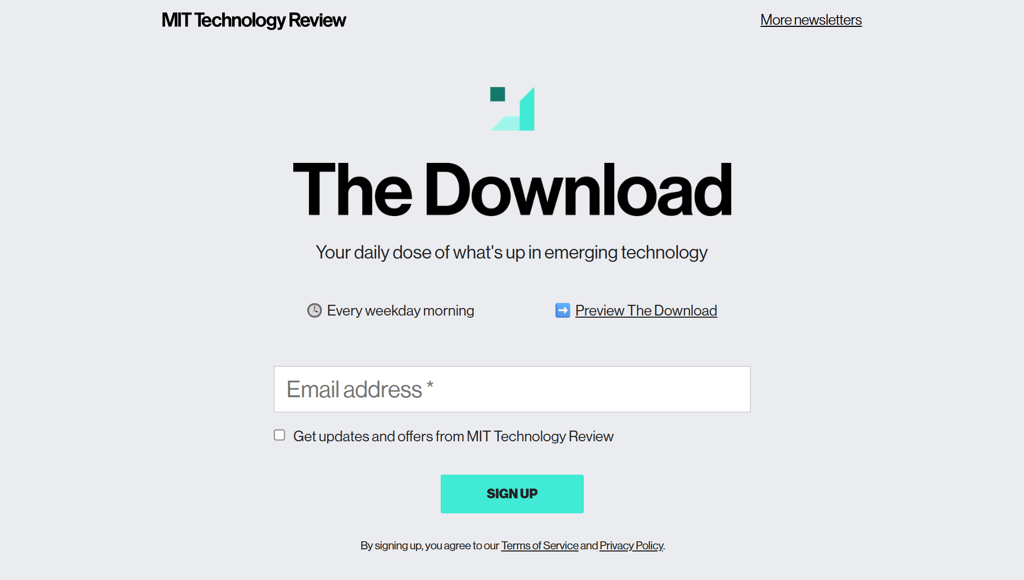 Påmeldingsside for Nedlastingen, MIT Technology Reviews orientering om fremvoksende teknologi