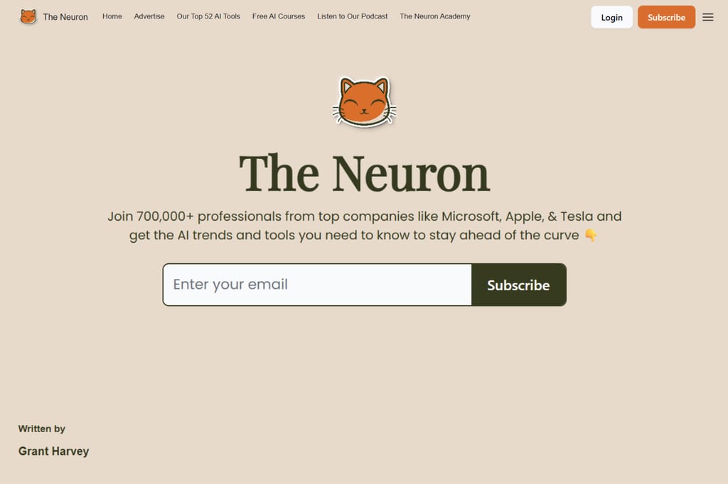 Startsiden for nyhedsbrevet The Neuron med formular til tilmelding til AI-nyhedsbrevet