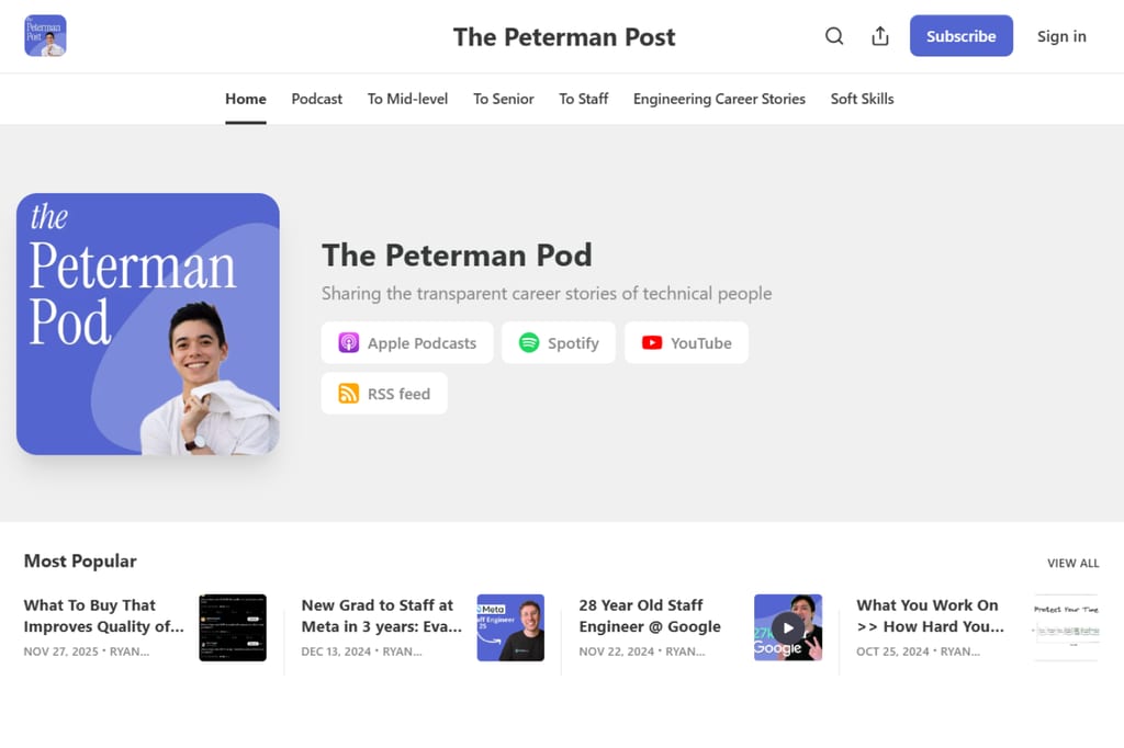 Petermans indlægs startside med karriereressourcer for ingeniører og links til podcasts