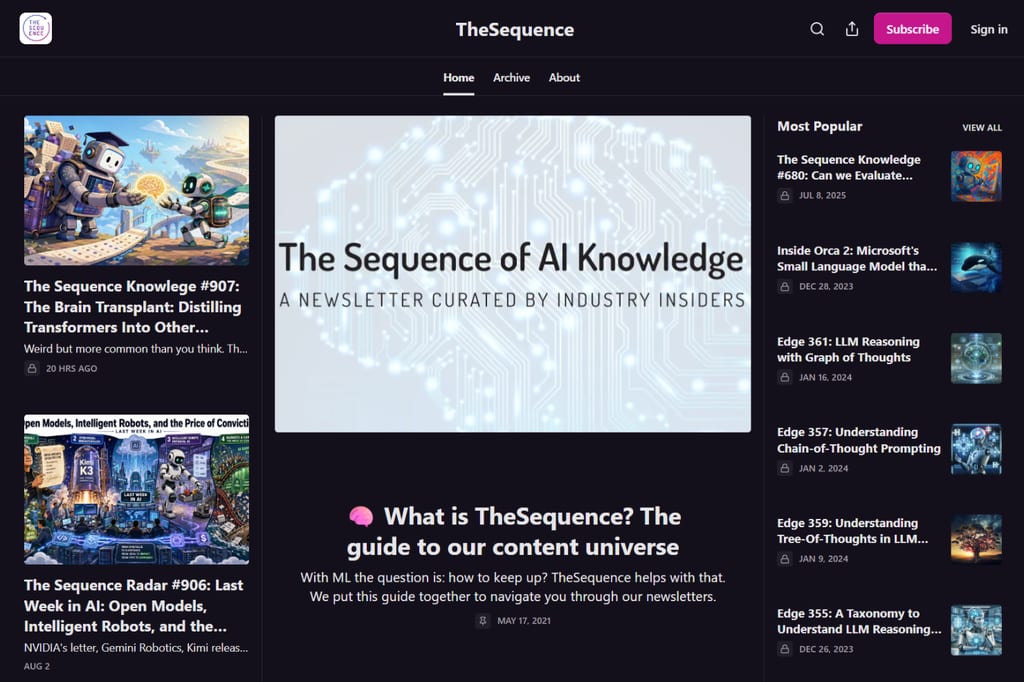 TheSequence-nyhedsbrevets hjemmeside med fremhævede AI-artikler og populære indlæg