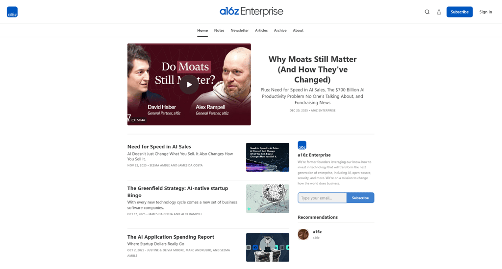 a16z Enterprise-side med innhold om AI-salg, oppstartsstrategi og applikasjonsutgifter