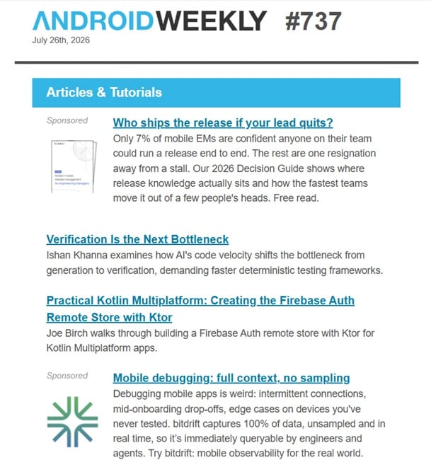 Eksempel på Android Weekly-nyhedsbrev