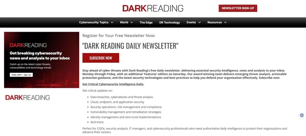 Abonnementsiden for Dark Reading-nyhedsbrevet