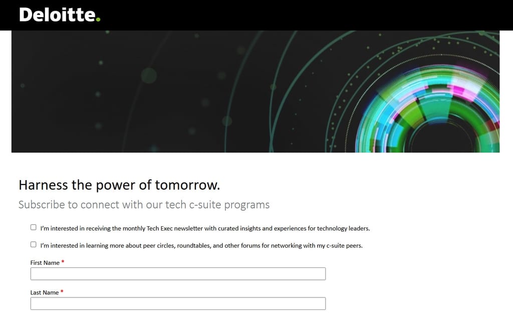 Skærmbillede af tilmeldingssiden til Deloitte Tech Exec Newsletter