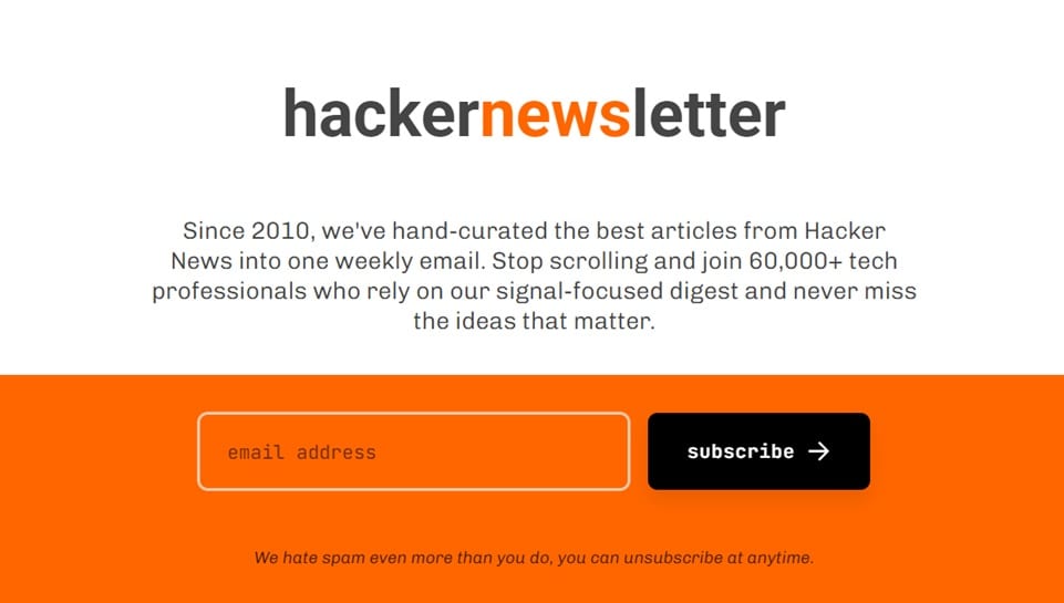 Skærmbillede af tilmeldingssiden til Hacker Newsletter