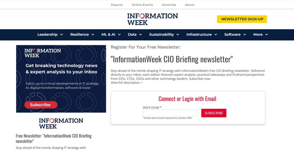 Skærmbillede af tilmeldingen til InformationWeek CIO Briefing
