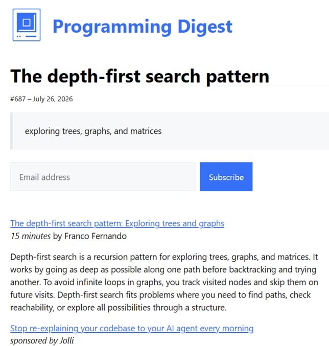 Skærmbillede af eksemplet på Programming Digests nyhedsbrev