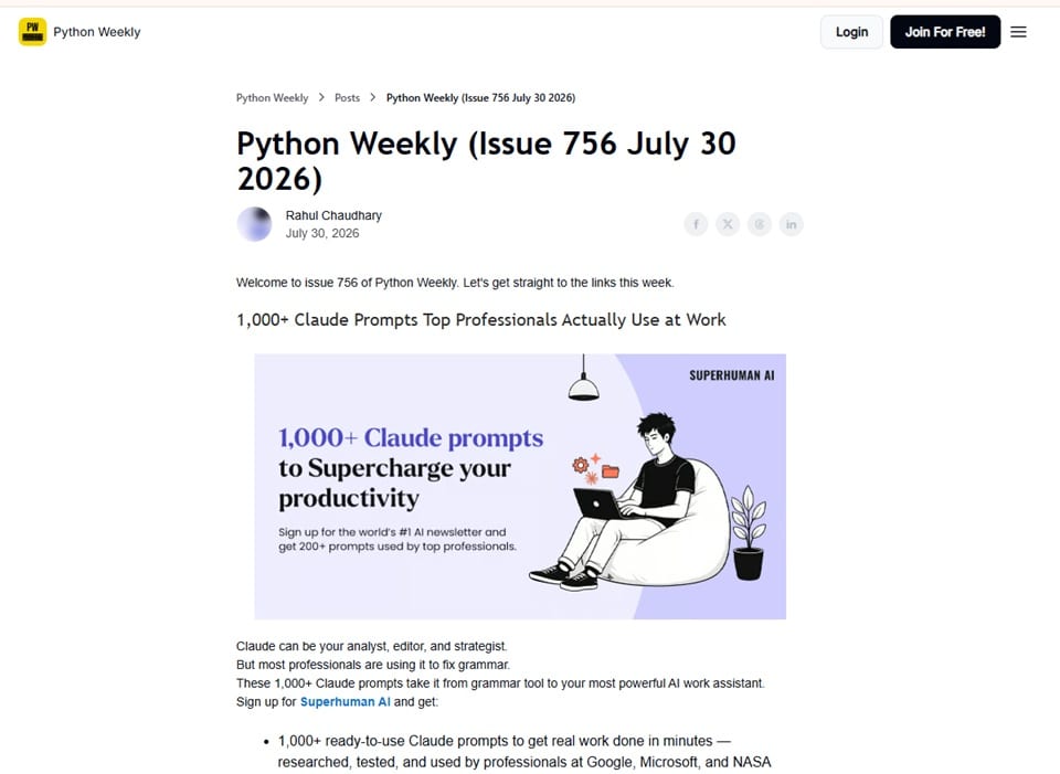 Eksempel på nyhedsbrevet Python Weekly