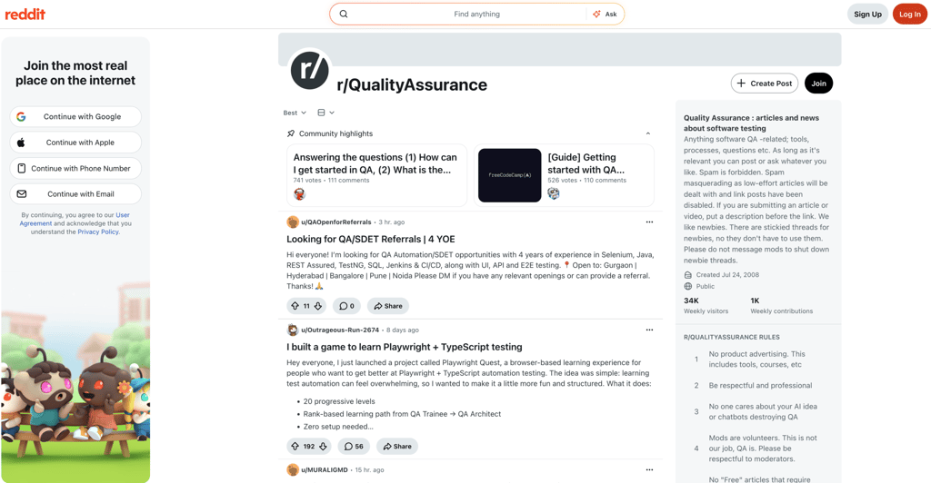 Reddit-forummet r/QualityAssurance