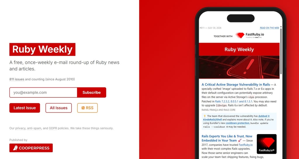 Tilmeldingssiden og eksempel på nyhedsbrev fra Ruby Weekly