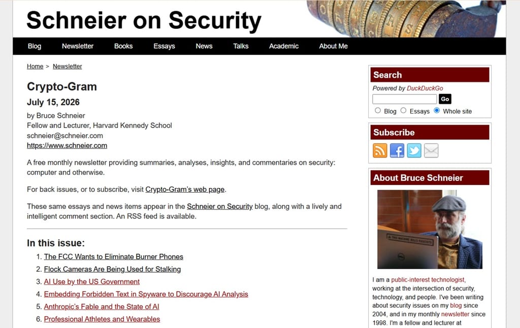 Skærmbillede af et eksempel på Schneier on Security-nyhedsbrevet