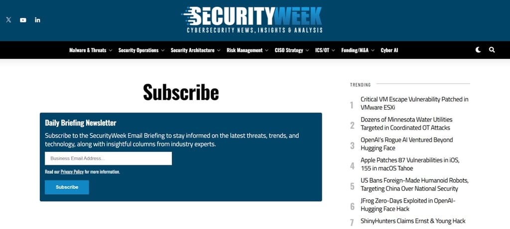 Tilmeldingssiden til Security Week Daily Briefing