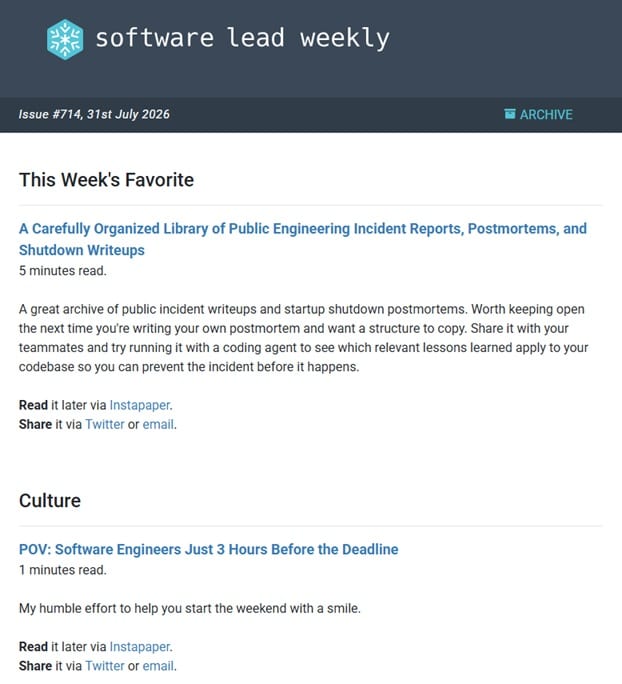Et eksempel på Software Lead Weekly-nyhedsbrevet