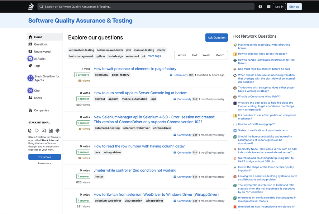Stack Exchange-fællesskabet for softwarekvalitetssikring og test