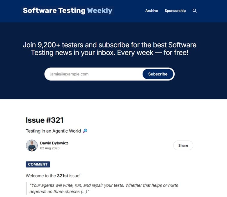 Skærmbillede af tilmeldingssiden og et eksempel på nyhedsbrevet Ugentlig softwaretest
