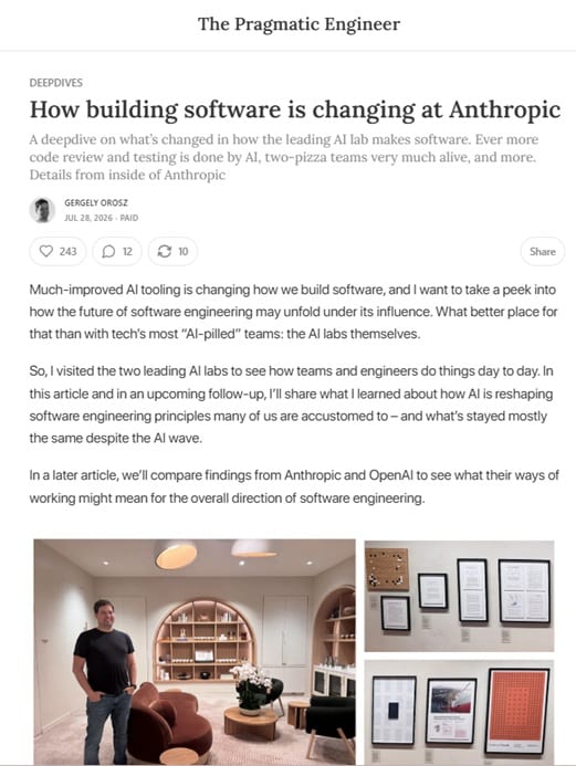 Screenshot af eksempelnyhedsbrevet fra The Pragmatic Engineer