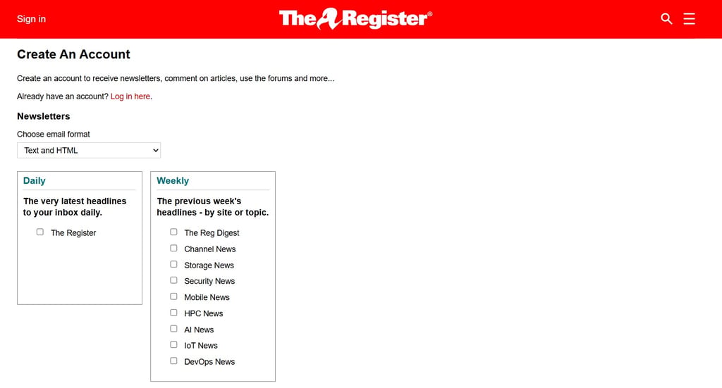 Tilmeldingssiden til The Register-nyhedsbrevet